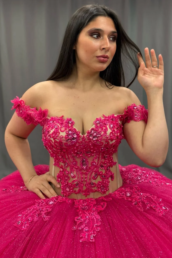 Off-Shoulder Ball Gown Hot Pink Beaded Tulle Quinceanera & Birthday Party Dress