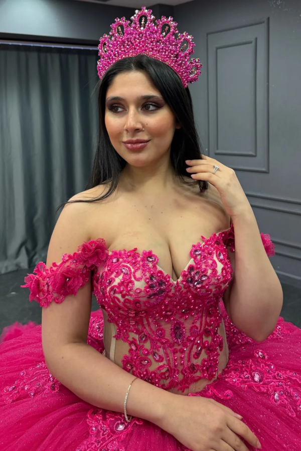 Off-Shoulder Ball Gown Hot Pink Beaded Tulle Quinceanera & Birthday Party Dress