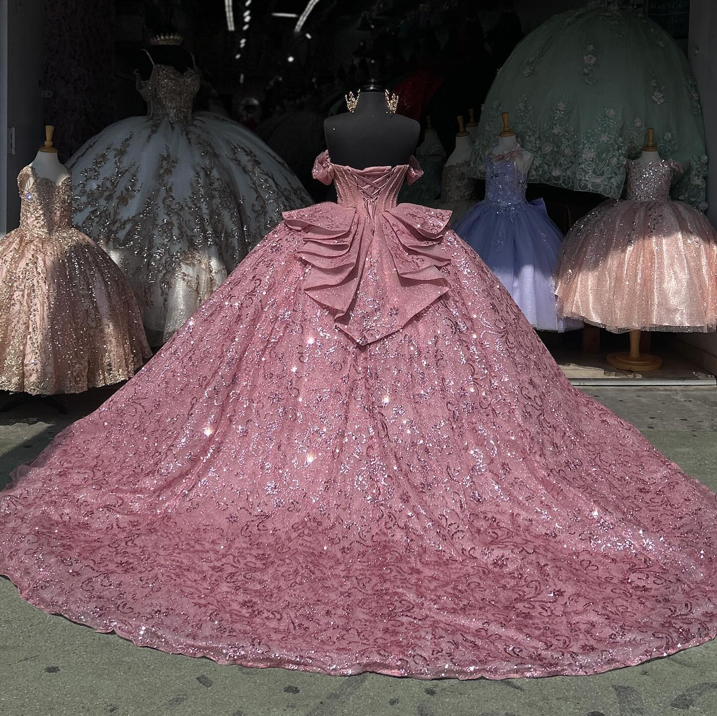 Off-Shoulder Ball Gown Sparkling Sequined Pink Tulle Quinceanera Dress with Beaded Crystal Details for Sweet 16 & Birthday Parties