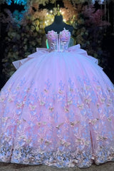 Pink Tulle Quinceanera Dress Strapless Ball Gown with 3D Butterflies Pleated Skirt & Bow Shawl for Sweet 16 & Formal Events