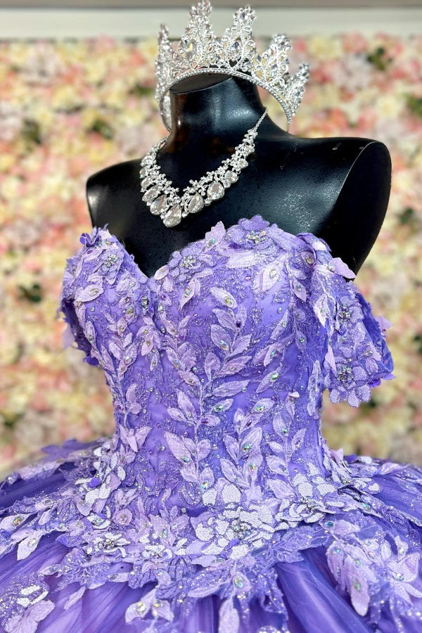 Off-Shoulder Ball Gown Sparkling Purple Sequins & Lace-Up Tulle Quinceanera Dress for Sweet 16 & Birthday Parties