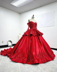 Off-Shoulder Long Sleeve Red Satin Quinceanera Dress with Floral Lace Appliques Perfect for Sweet 16 Celebrations