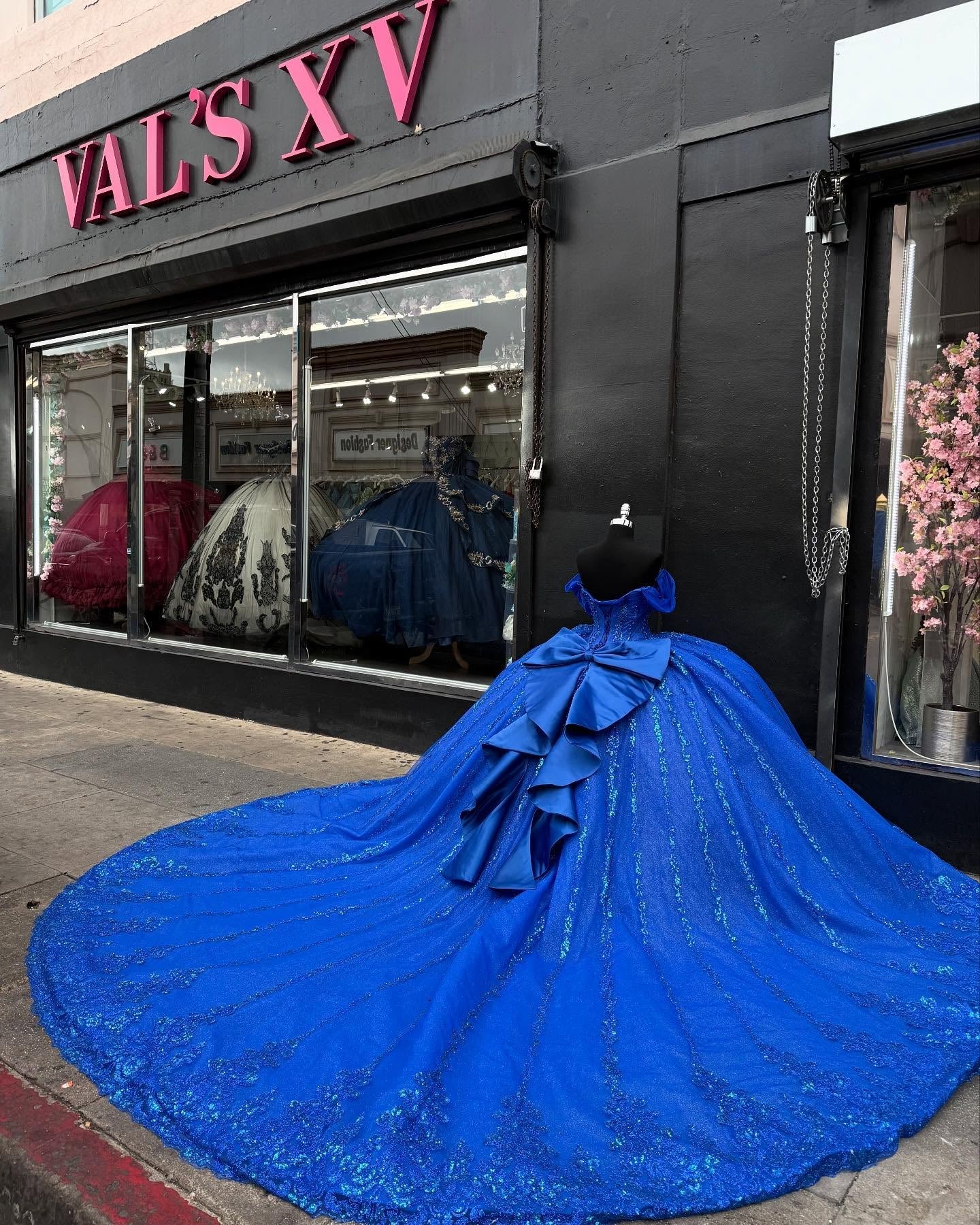 Royal Blue Beaded Ball Gown Off-Shoulder Sparkly Tulle Quinceanera Dress with Sequins & Bow Detail for Sweet 16 Evening & Formal Events