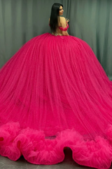 Off-Shoulder Ball Gown Hot Pink Beaded Tulle Quinceanera & Birthday Party Dress
