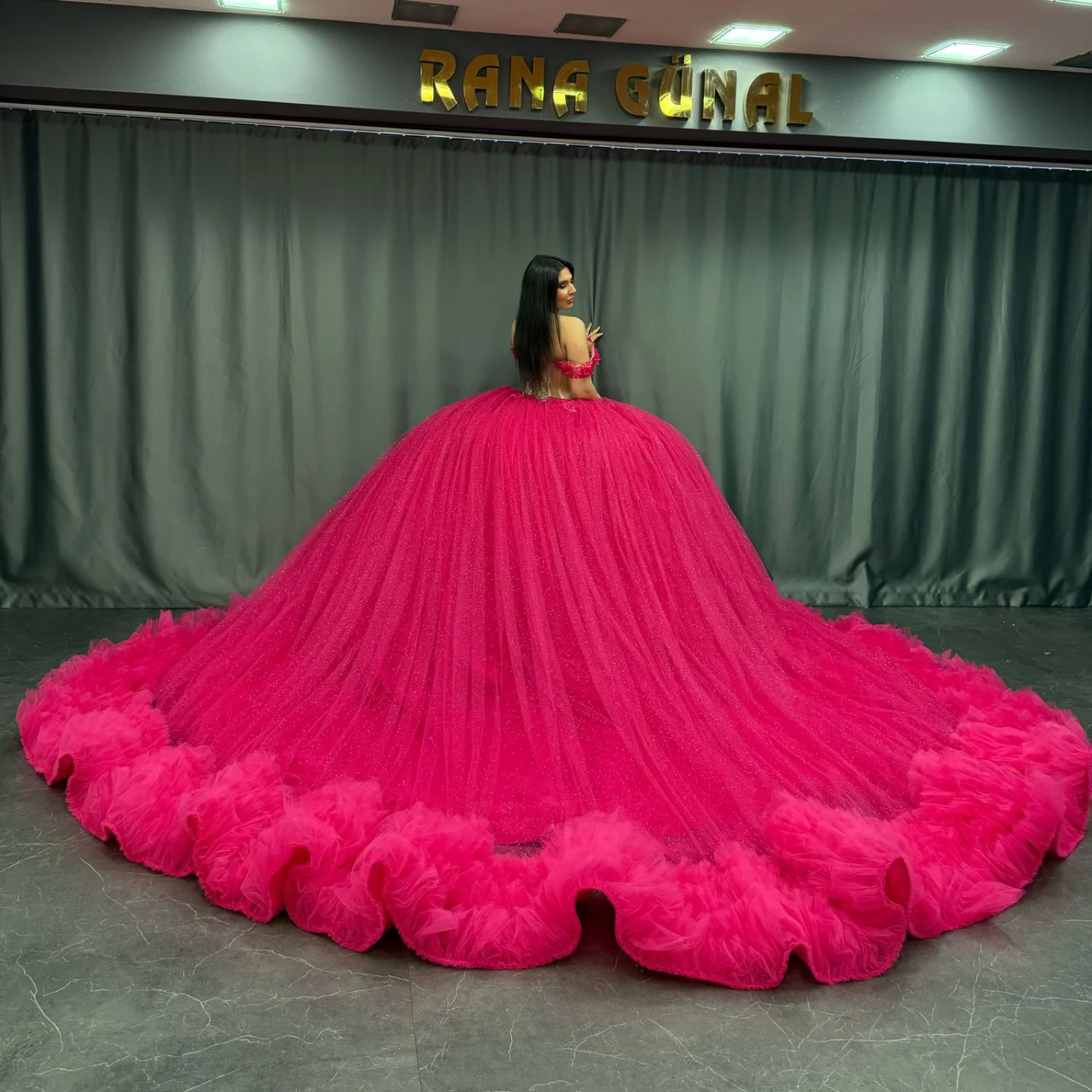 Off-Shoulder Ball Gown Hot Pink Beaded Tulle Quinceanera & Birthday Party Dress