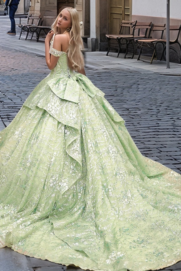Silver & Green Beaded Ball Gown Off-Shoulder Quinceanera Dress with Tiered Ruffles & Floral Appliques