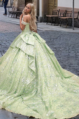 Silver & Green Beaded Ball Gown Off-Shoulder Quinceanera Dress with Tiered Ruffles & Floral Appliques