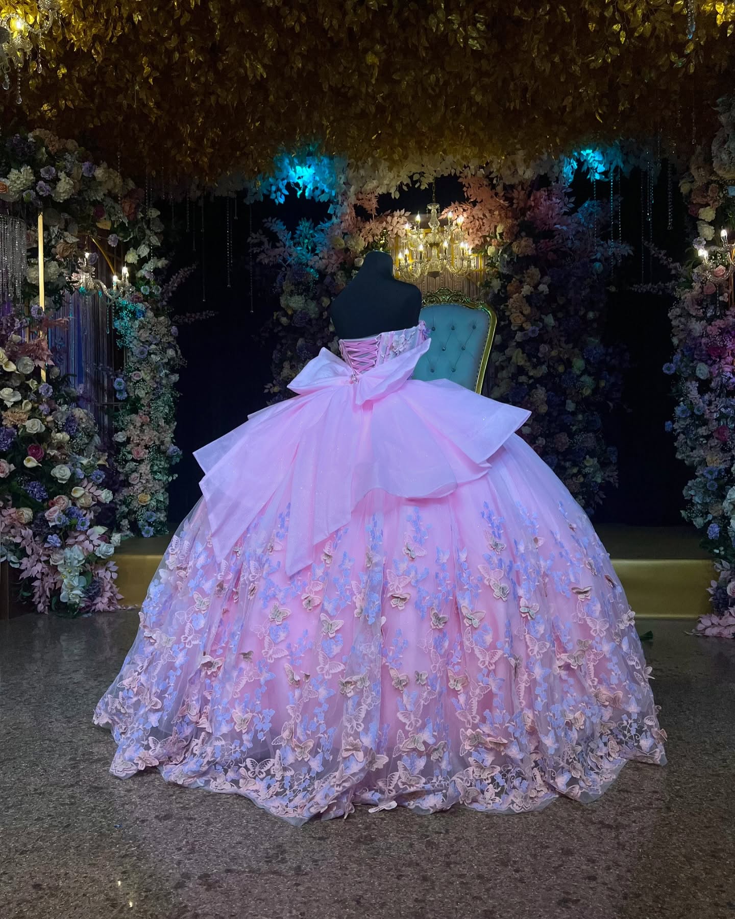 Pink Tulle Quinceanera Dress Strapless Ball Gown with 3D Butterflies Pleated Skirt & Bow Shawl for Sweet 16 & Formal Events