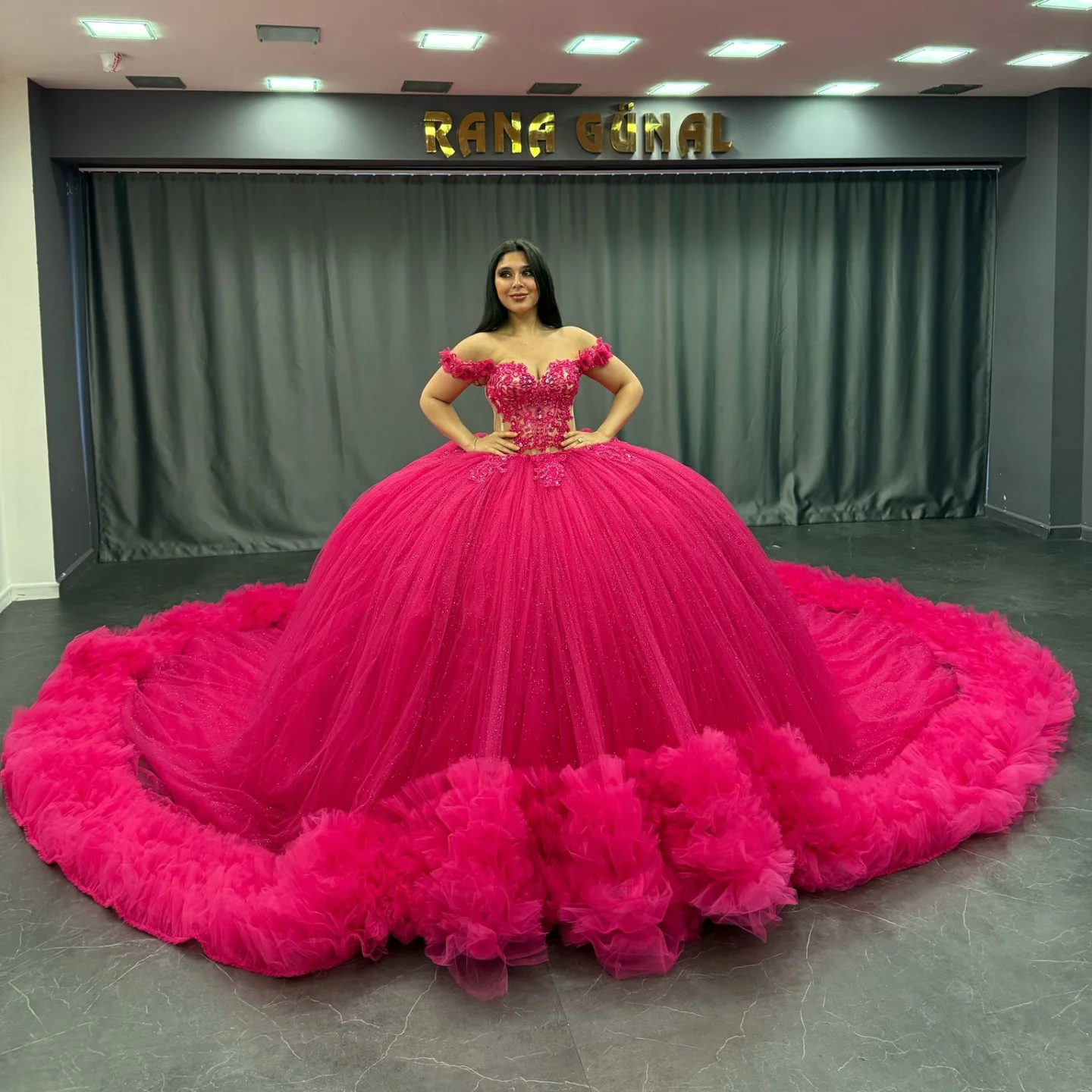 Off-Shoulder Ball Gown Hot Pink Beaded Tulle Quinceanera & Birthday Party Dress