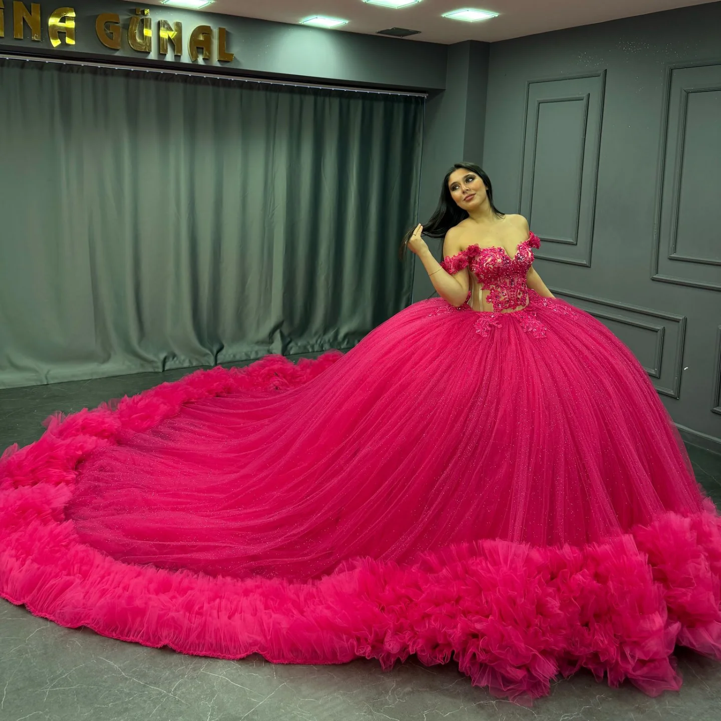 Off-Shoulder Ball Gown Hot Pink Beaded Tulle Quinceanera & Birthday Party Dress