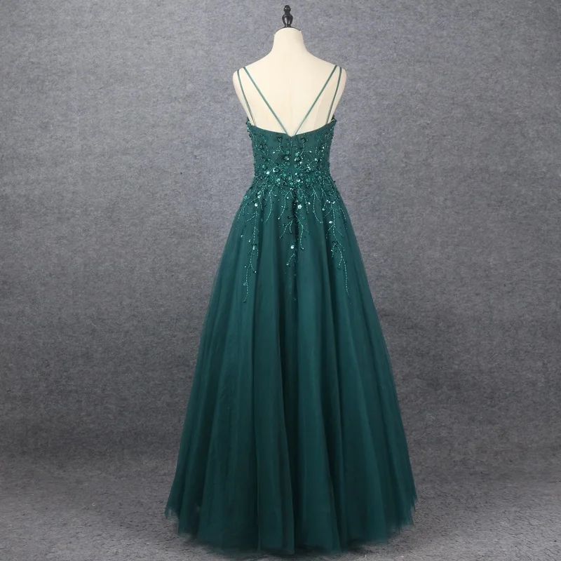 Emerald V Neck Floor Length Formal Dress A Line Sleeveless With Appliques