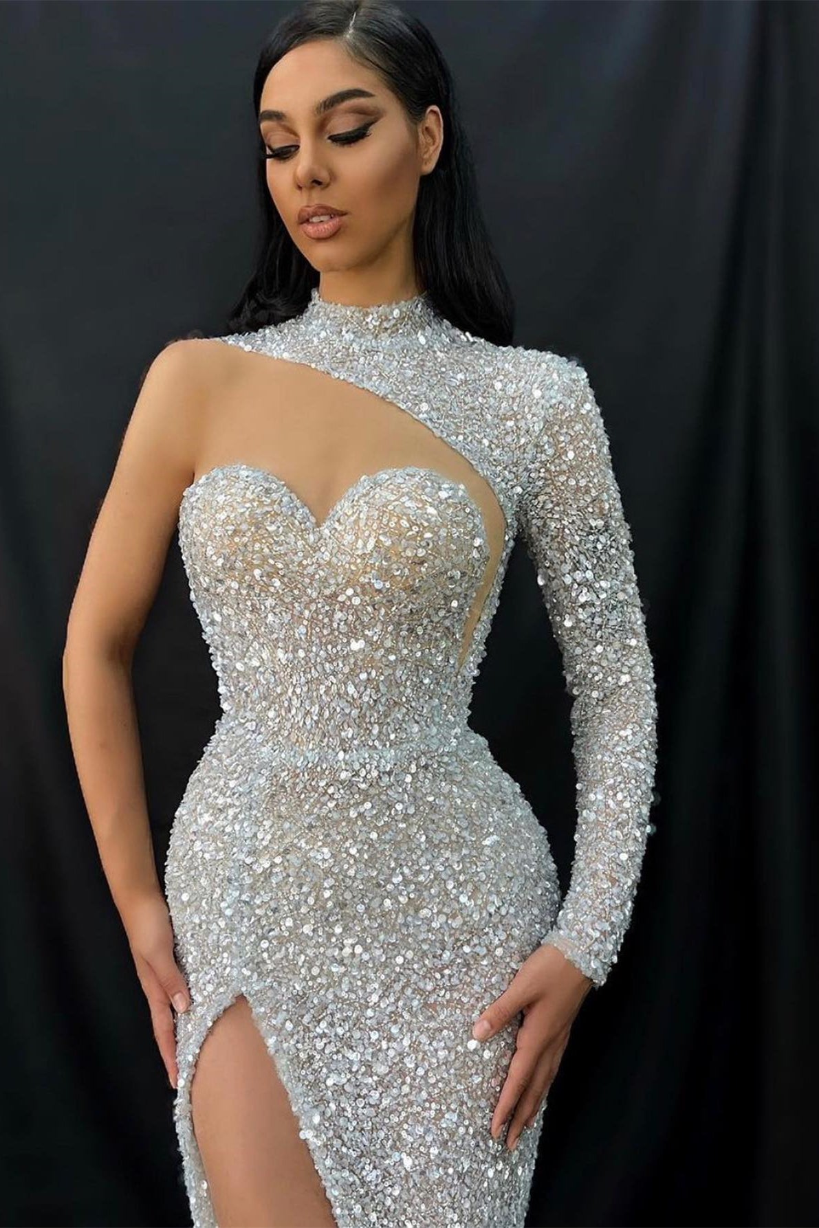 Newinlook Long Sleeve One Shoulder High Collar Evening Dress Sweetheart With Split Sequins