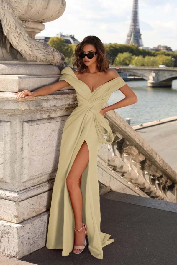 Off the Shoulder Sleeveless Long Mermaid Split Formal Dress With Pleated