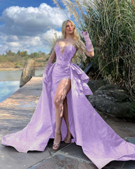 Strapless Sleeveless Long Split Formal Dress With Gloves Beading