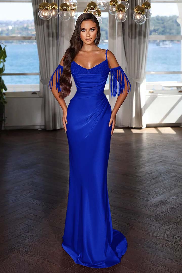 Newinlook Luxury Hot Pink Spaghetti Strap Mermaid Long Evening Dress With Chic Tassels and Sequins