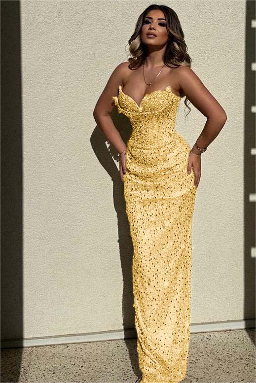 Chic Sequins Strapless Sleeveless High Waist Long Formal Dress With Beadings