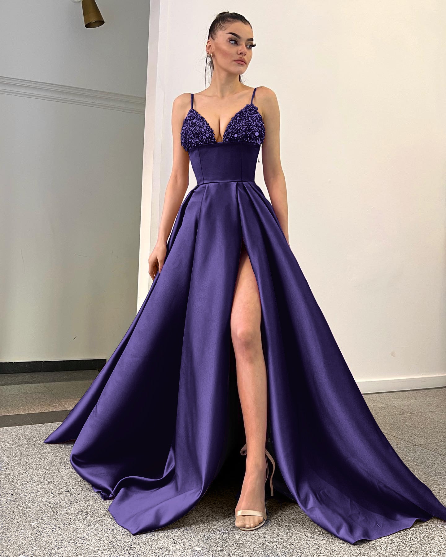 Newinlook Lavender A-Line Spaghetti-Straps Sequins Evening Dress With Split