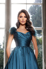 Tassel Sleeveless Straps A Line Long Formal Dress Pleated Dark Navy