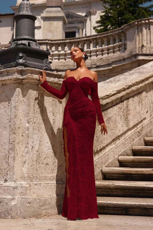Off the Shoulder Long Sleeves Long Mermaid Formal Dress With Lace Appliques