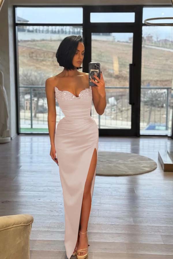 Strapless Sleeveless Long Split Formal Dress With Pleated Sequins