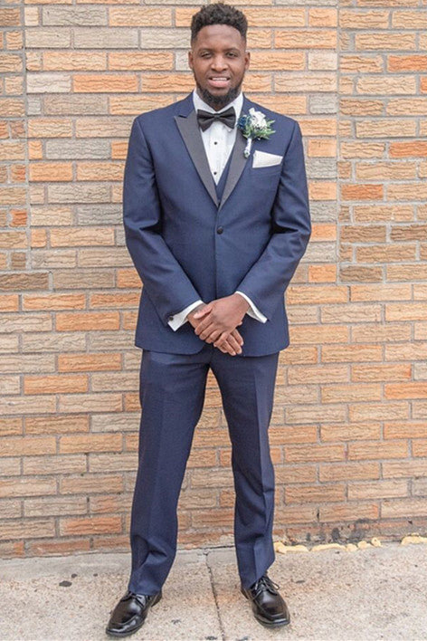 Newinlook Dark Navy Peaked Lapel Three-Piece Wedding Suit for Men’s Parties