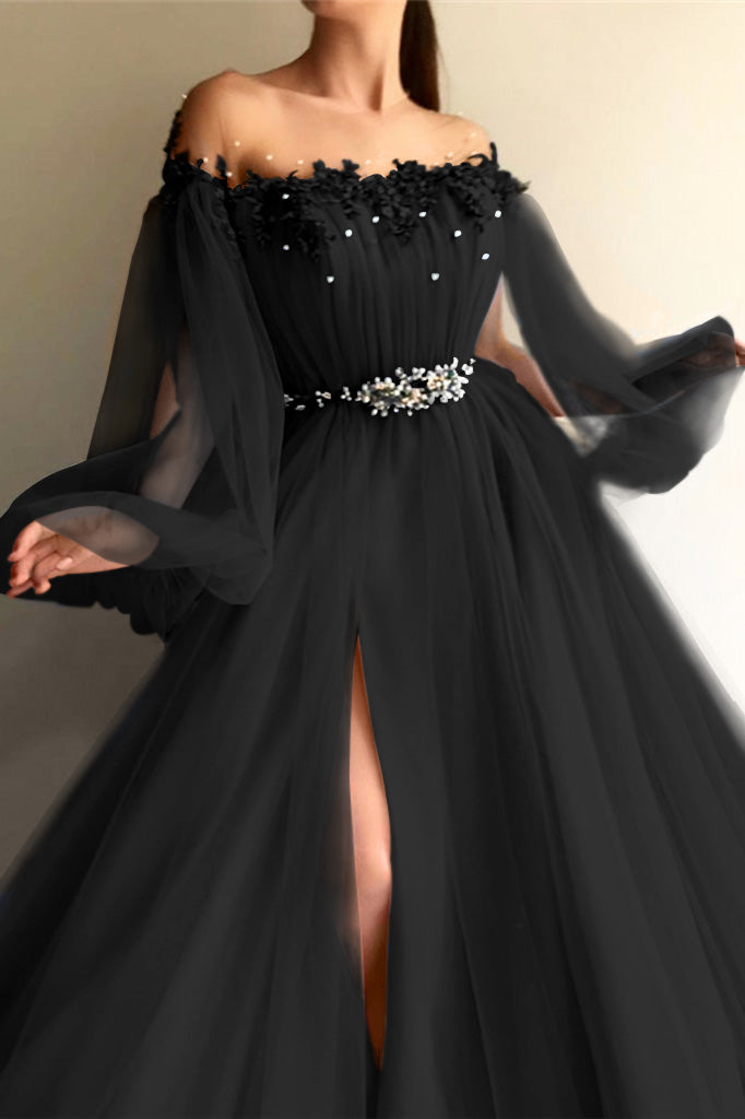 Newinlook Long Sleeves Off-the-Shoulder Evening Dress With Beads