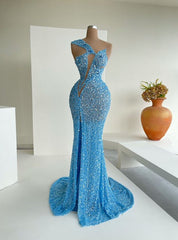 Beautiful Ocean Blue Sequins One-Shoulder Mermaid Long Prom Dresses With Split