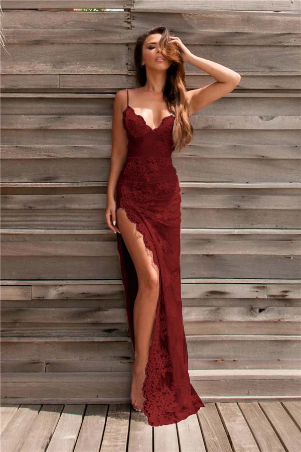 Newinlook Spaghetti-Strap Lace Evening Dress With Slit