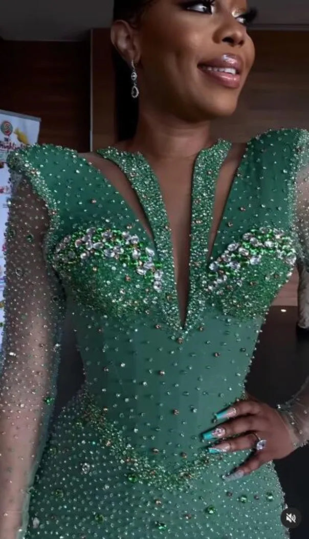 Shinning Applique Long Sleeves Green Mermaid Floor Length Formal Dress