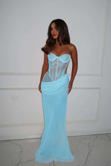 Strapless Sleeveless Long Mermaid Formal Dress With Lace Pleated