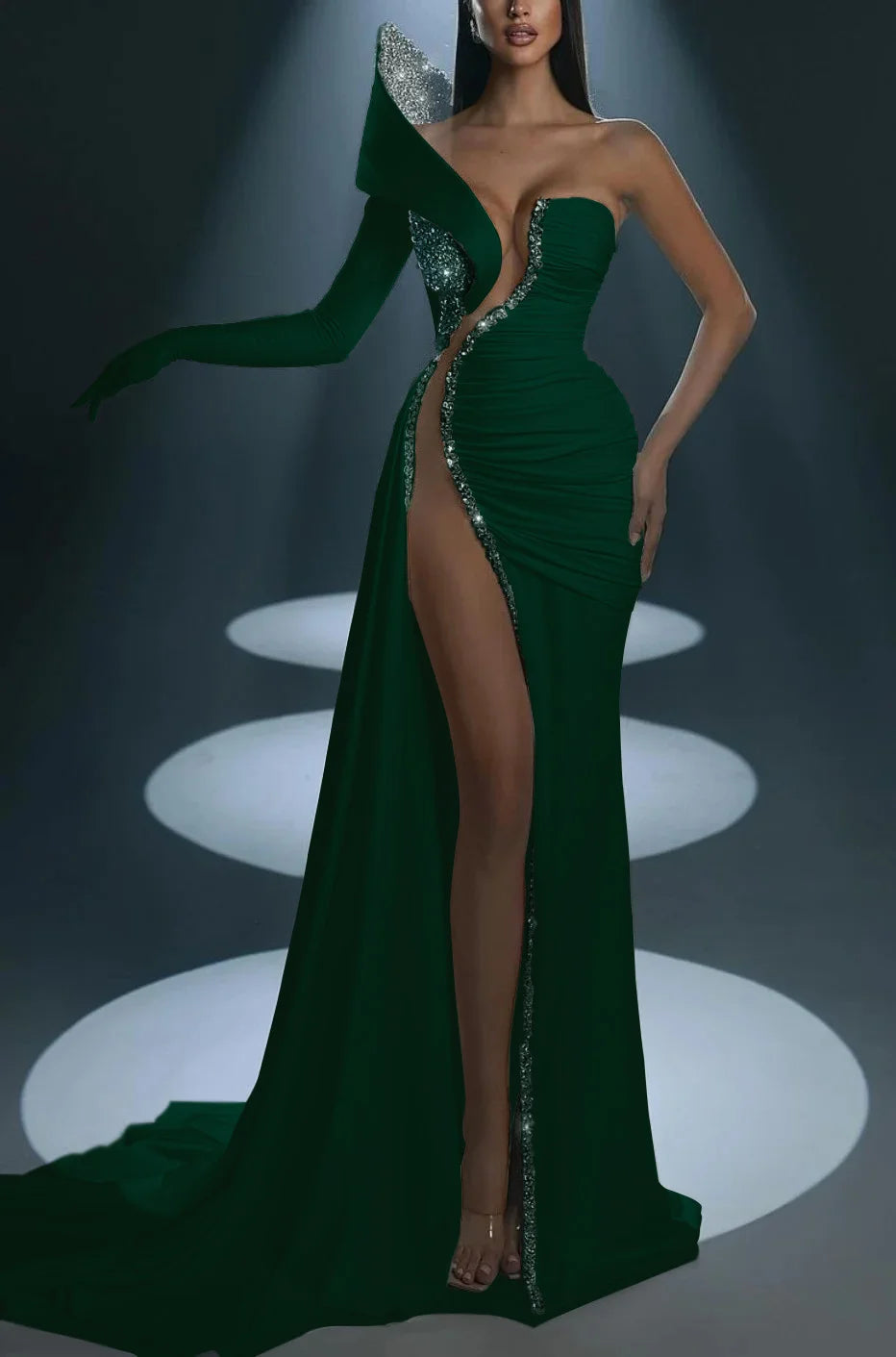 White Formal Dress With Gloves Long Mermaid One Shoulder With High Slit