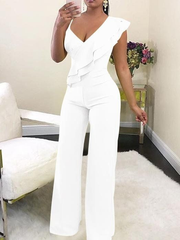 Newinlook Chic Green V-Neck Slim Fit Daily Jump Suit With Ruffles