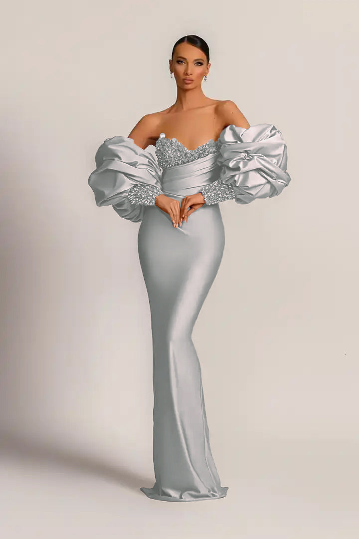 Charming Purple Strapless Mermaid Long Formal Dress With Appliques Puff Sleeves