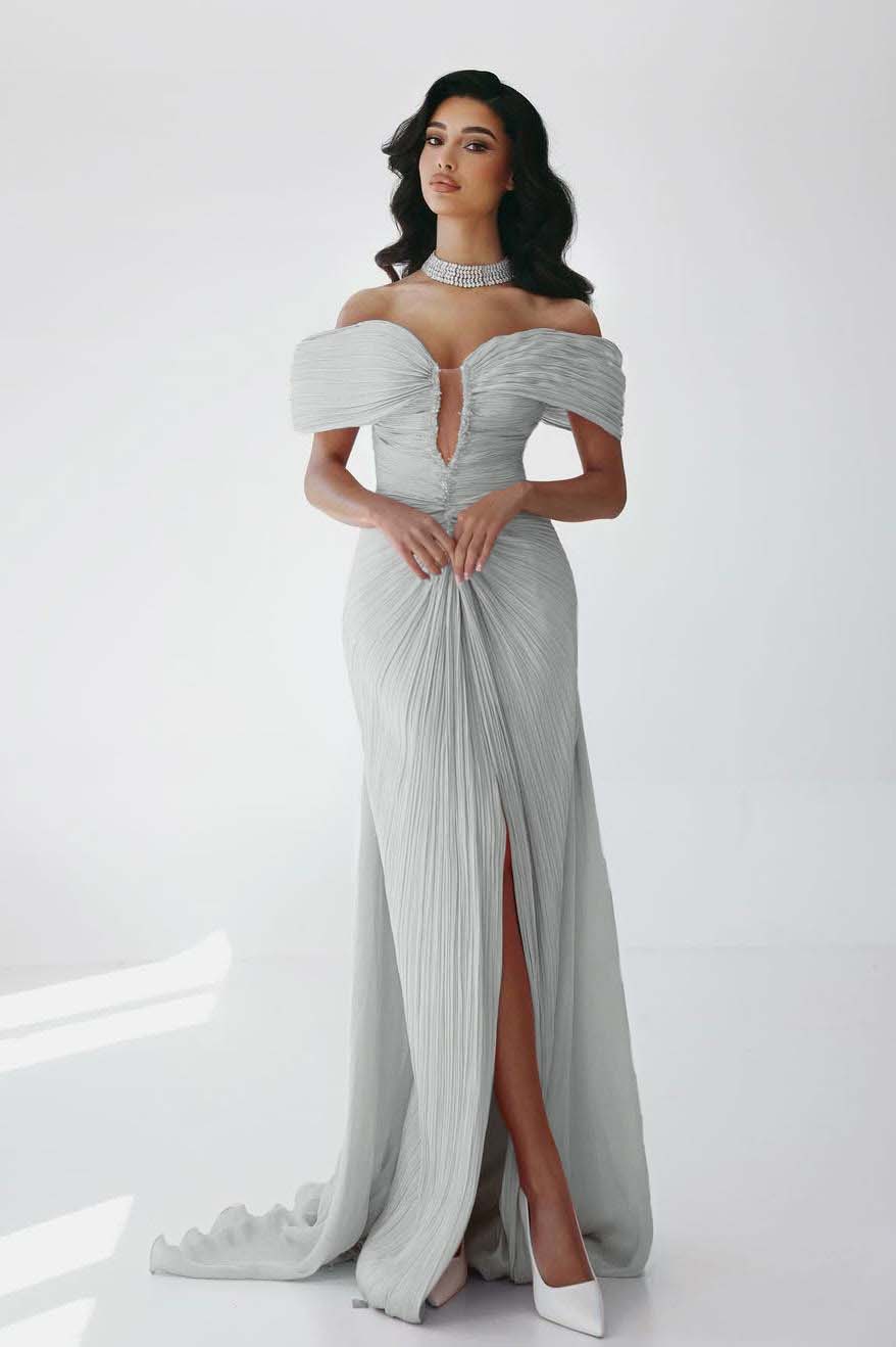Off the Shoulder Sleeveless Long Mermaid Formal Dress With Ruffles Pleated