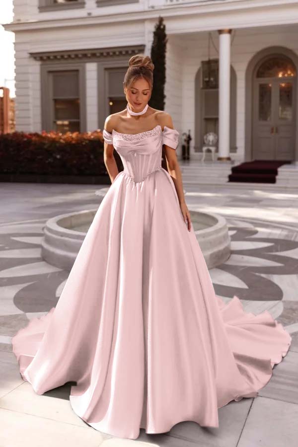 Off the Shoulder Sleeveless Long Formal Dress With Pleated Beading