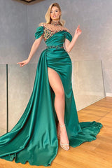 Newinlook Charming Off-the-Shoulder Jade Beads Split Evening Dress With Ruffle