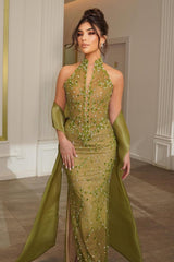 Halter Sleeveless Long Mermaid Split Formal Dress With Beading
