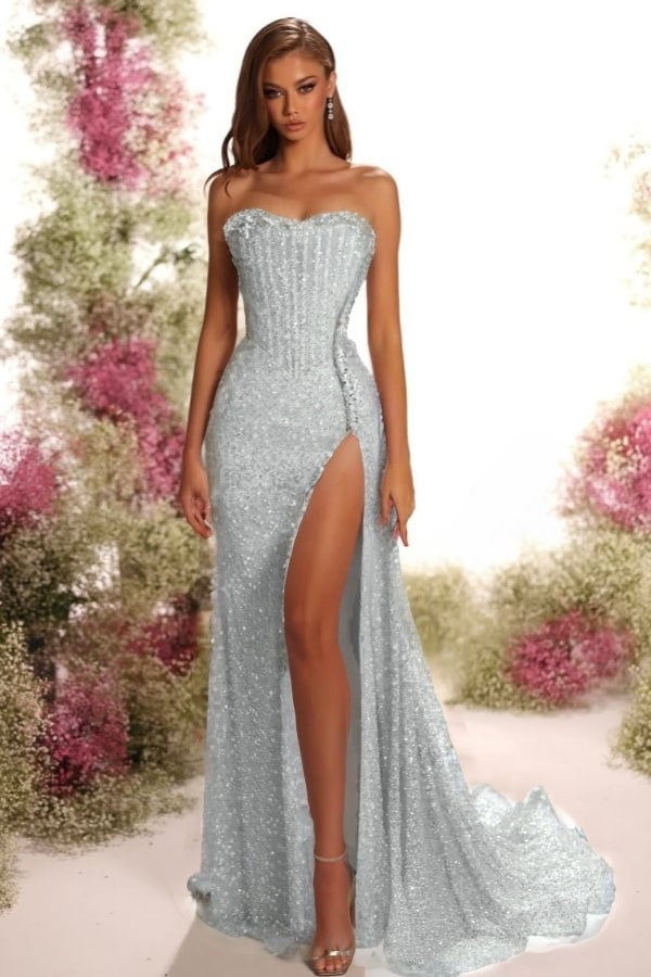 Strapless Sleeveless Long Split Formal Dress With Pleated Sequins