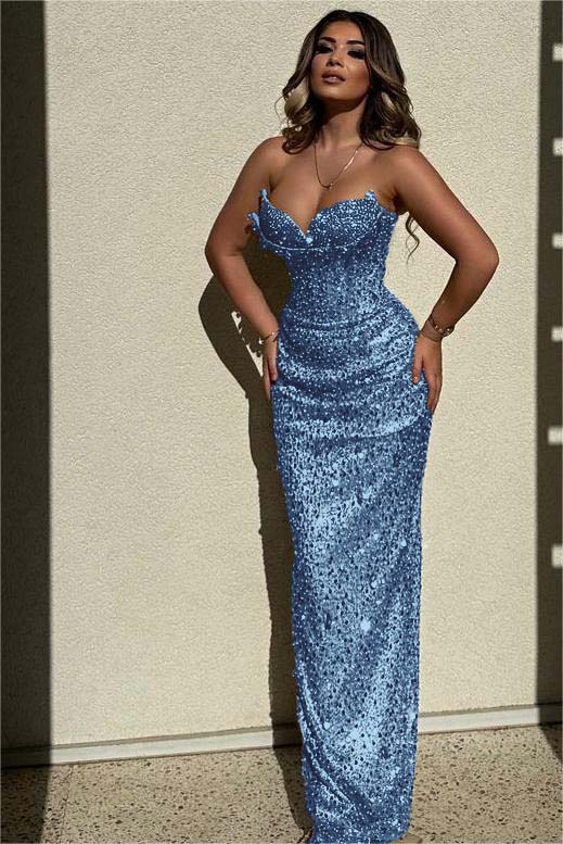 Chic Sequins Strapless Sleeveless High Waist Long Formal Dress With Beadings