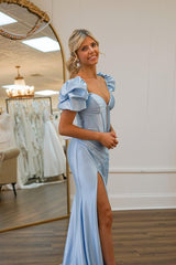 Bubble Sleeves V Neck Mermaid Long Formal Dress With High Split