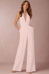 Newinlook Casual Black Deep V-Neck Halter Long Daily Jump Suit