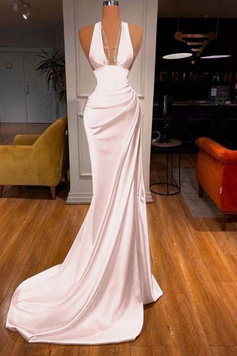 Halter Deep V Neck Sleeveless Mermaid Long Formal Dress Elegant With Ruffles