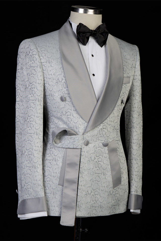 Newinlook Braiden Silver Shawl Lapel Double-Breasted Jacquard Wedding Suit