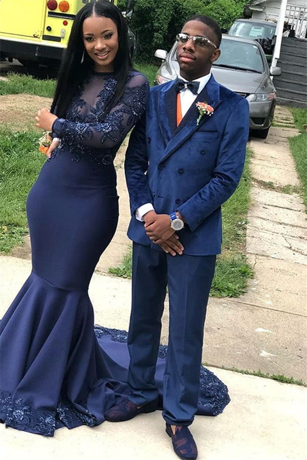 Newinlook Double Breasted Navy Blue Prom Outfit - Velvet, Peaked Lapel