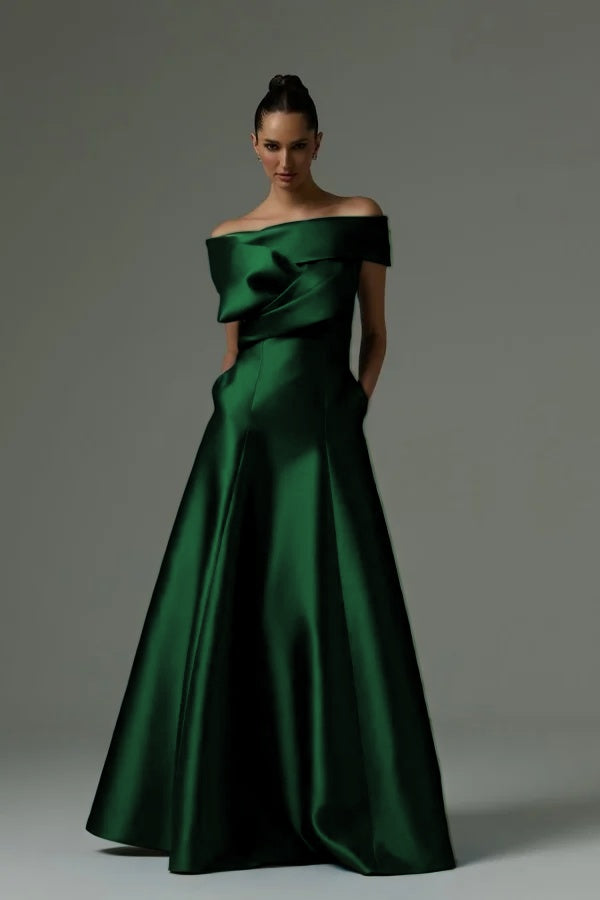 Off the Shoulder Sleeveless Long Formal Dress With Pleated Pocket
