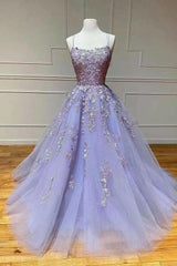 Newinlook Lilac A-Line Appliques Spaghetti-Straps Evening Dress With Tulle