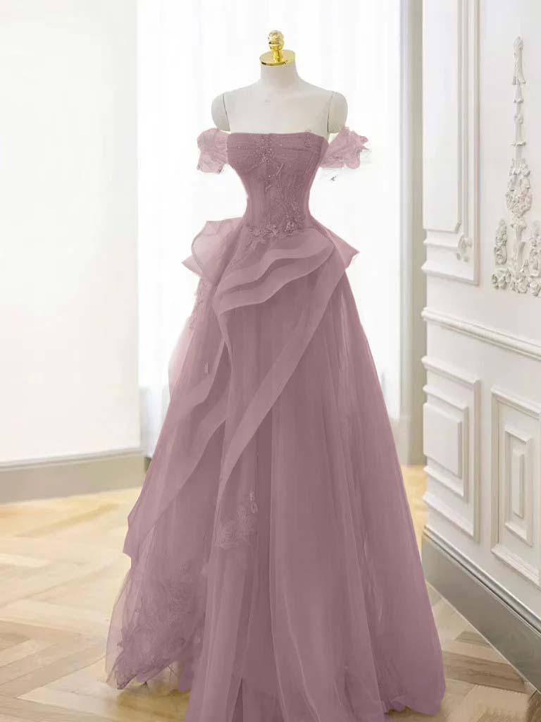 Tulle Off the Shoulder Sleeveless Long Formal Dress With Appliques