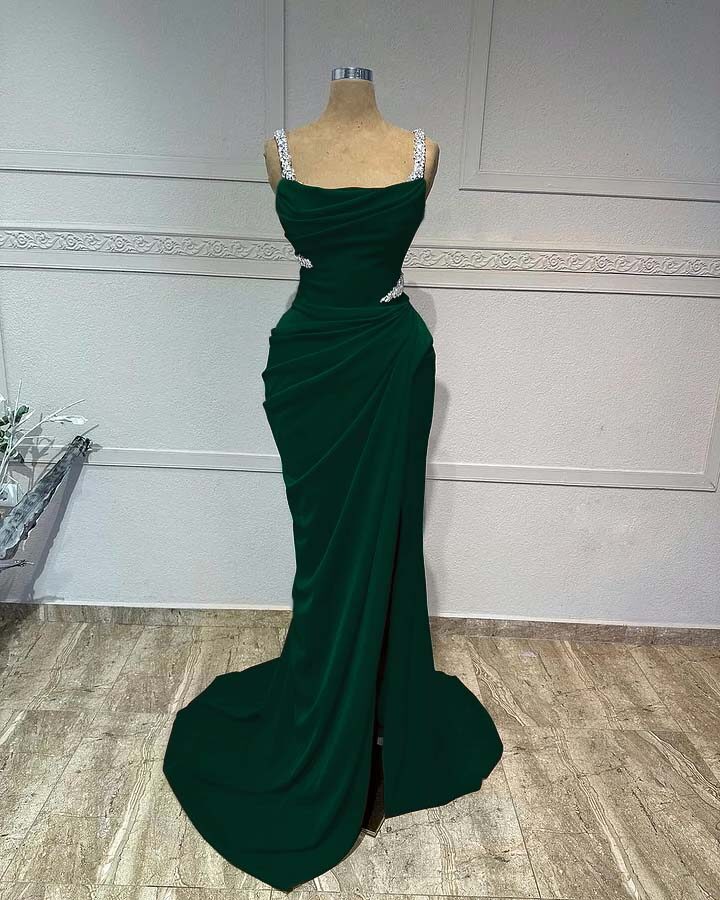 Straps Sleeveless Long Mermaid Formal Dress With Pleated Sequins