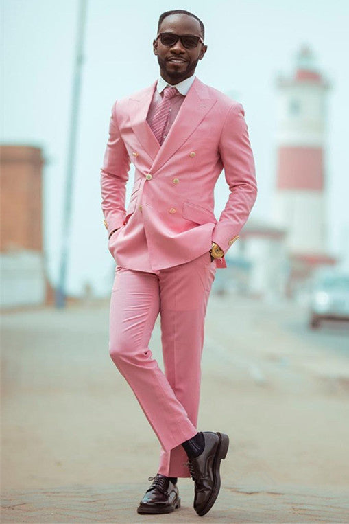 Newinlook Pink Double-Breasted Western Suit with Peaked Lapel for Wedding