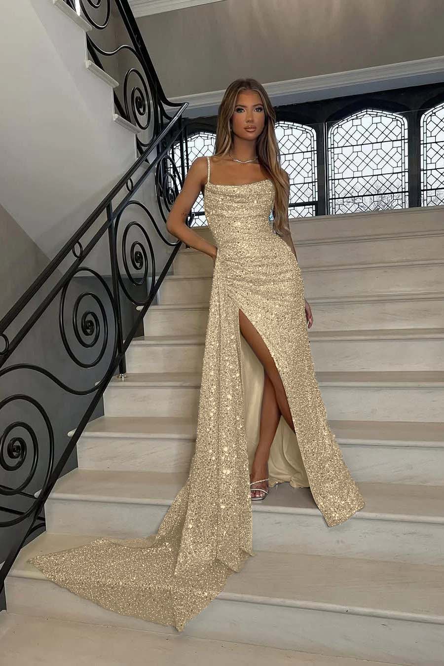 Sequins Spaghetti Strap Sleeveless Long Mermaid Formal Dress With Split